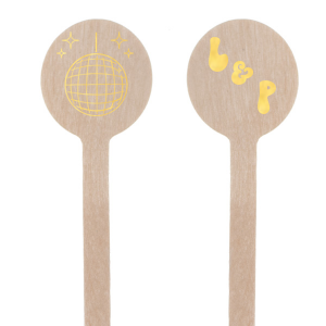 Our Groovy Initials Stir Stick captures the excitement and energy of a night out with a sparkling disco ball graphic on one side, setting the tone for a fun-filled event. On the other side, your initials are showcased in a font that has a retro nod. This personalized stir stick is the perfect addition to any celebration looking to combine romance with the vibrant pulse of the dance floor.