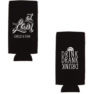 ForYourParty's chic Black Round Can Cooler with Matte White Ink has an At Last graphic and a Lemon Wedge graphic and is good for use in Food, Drinks themed parties and couldn't be more perfect. It's time to show off your impeccable taste.