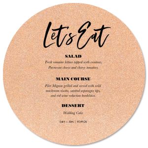 Our beautiful custom Glitter Rose Copper Circle Menu with Matte Black Foil are a must-have for your next event—whatever the celebration!