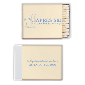For when you want to celebrate big, the Bride to be Après Matchbox is there for you! The stylish matchbox is perfect for getaway bridal showers or other outdoorsy themed events. With customizable text, the design is easy to personalize to your unique taste, making it a unique party favor or memento. 