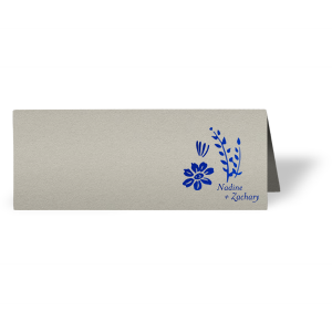 Personalized Natural Gray Classic Place Card with Shiny Royal Blue Foil has a Garden Flower Accent graphic and is good for use in Floral, Accents and wedding themed parties and will give your party the personalized touch every host desires.
