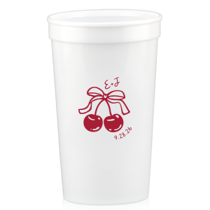 Raise a glass at your next special event with the Cherry Bow Initials Cup! The two cherries are tied together by a bow, reflecting the partnership of you and your sweetheart. Customize the text to make it extra special at your next momentous occasion, be it an engagement, wedding, anniversary or any other celebration of love.