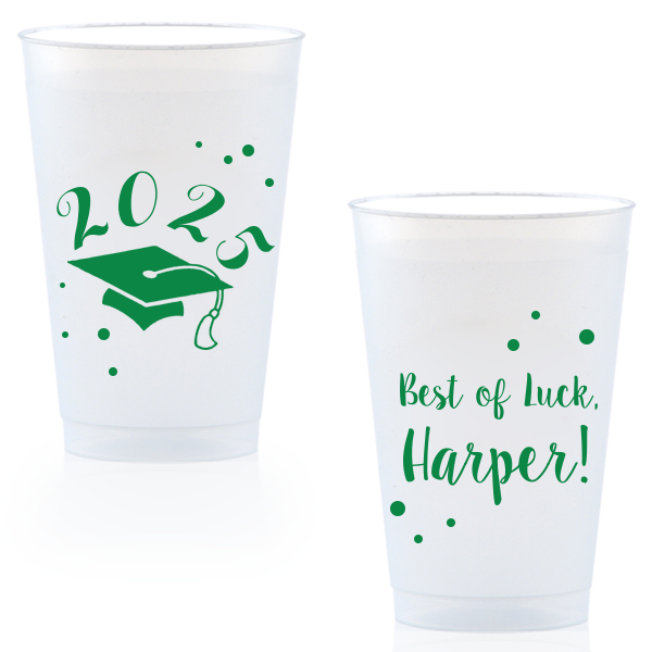 Celebrate commencement with the Good Luck Grad Cup, featuring a soaring graduation cap against a shower of confetti. 'Best of Luck' wishes on the back, alongside the graduate's name, toast to future endeavors with exuberant cheer.