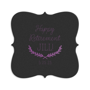 ForYourParty's chic Silver with Black back Nouveau Coaster with Satin Plum Foil Color has a Branch Frame 2 graphic and is good for use in Floral themed parties and will make your guests swoon. Personalize your party's theme today.