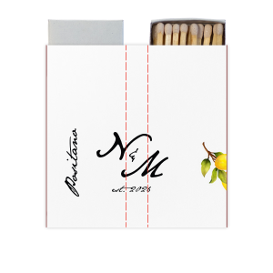 Give your guests a memorable wedding favor with this matchbox! Featuring a watercolor lemon graphic, this custom matchbox can be personalized with the date and location of your wedding. 