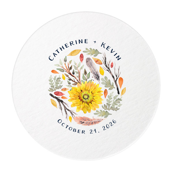 For those who cherish the beauty of nature, the Autumn Flowers Custom Photo Coaster is a perfect choice. This artistic circular design, featuring a vibrant sunflower amidst feathers and foliage, captures the essence of natural elegance. Personalize it with names and date to make your celebration blossom with vibrant charm.