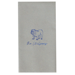 Looking for a bulldog wedding party detail? This unique napkin design is for you. Customize this party accessory with your last name, 