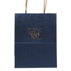 Personalized Navy Classic Gift Bag with Shiny Copper Foil can't be beat. Showcase your style in every detail of your party's theme!