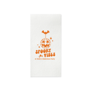 Embrace those spooky vibes with our Spooky Vibes Napkin! This custom Halloween party decor will elevate any event. Featuring a graphic of a pumpkin disco ball, bat, a skull, and sparkles, this napkin is ready to party.
