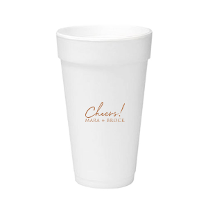 Raise a toast with the Cheers to the Couple Name Cup, where festivity meets elegance. A large, fanciful "Cheers!" in an exuberant script sets the stage for celebration, while the couple's names in bold capitals underscore the personal touch. This frosted cup's simple yet impactful design perfectly encapsulates the spirit of a joyous toast to love and unity.