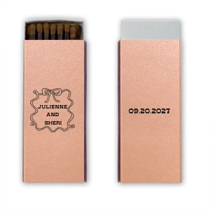 Illuminate your special occasion with the Bows and Vows Frame Matchbook, elegantly presenting the couple's names surrounded by a sophisticated bow and ribbon frame. A stunning keepsake for weddings, engagement parties, or anniversaries.
