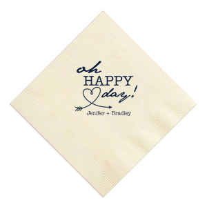 Celebrate with a flutter on the Love Arrow Wedding Napkin, where 'Oh Happy Day!' arches above a heart-bent arrow in flight. Beneath, the couple's names anchor the joyous sentiment, adding whimsy to your perfectly happy occasion.