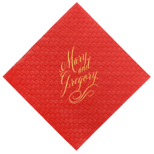 Our custom Woven White Woven Cocktail Napkin with Shiny 18 Kt Gold Foil has a Flourish 5 graphic and will add that special attention to detail that cannot be overlooked.