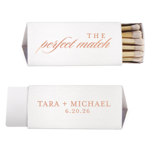 Ignite the spark of a new beginning with the Classic Perfect Match Names & Date Wedding Match. Elegant script announces a timeless union on the front, while the couple's bond is celebrated with a date below on the reverse. A truly sophisticated design, it's a refined detail for the discerning couple's grand day.