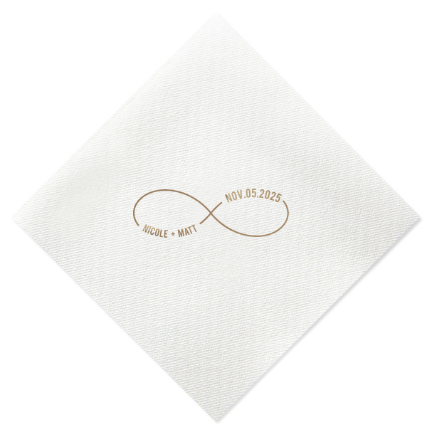 Show your partner your infinite love with this infinity sign napkin. This minimalist party accessory is perfect for celebrating your wedding day. Customize this personalized napkin with your name and date of event. 