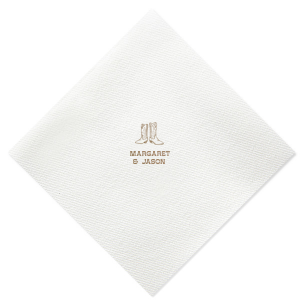Step into matrimonial bliss with the Cowboy Boots Union Napkin, personalized with the couple's names beneath a charming graphic of a pair of cowboy boots. A perfect touch for a wedding with rustic charm or country flair.