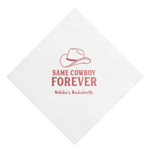 Embrace the wild west with the Same Cowboy Forever Bachelorette Napkin, complete with a charming cowboy hat illustration above the playful declaration "Same Cowboy Forever," followed by the bachelorette's name. A fun, modern twist for the last hoorah.