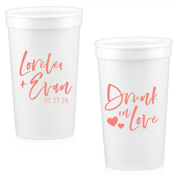 Our custom White 16 oz Stadium Cup with Matte Light Coral Ink has a Hearts 2 graphic and is good for use in Wedding, Hearts themed parties and can be personalized to match your party's exact theme and tempo.