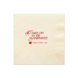 Applaud the new graduate with the Hats Off Graduation Cheer Napkin, emblazoned with a celebratory hand tossing a graduation cap and the phrase "Hats off to the graduate," personalized with the graduate's name and year. A perfect addition to any graduation festivity.