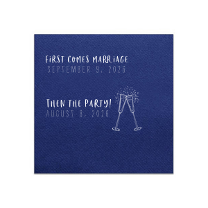 Personalized Navy Cocktail Napkin with Matte White Foil has a Flutes graphic and is good for use in Drinks, Wedding, Holiday themed parties and will make your guests swoon. Personalize your party's theme today.