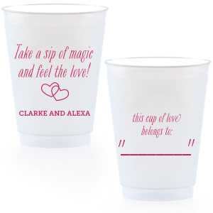 Create wedding details so perfect, they're magical. Customize this plastic cup for wedding barware that can double as a personalized party favor! Our Interlocking Hearts graphic will fit any theme. Simply choose your colors and add your names.