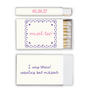 Light a spark that will last a lifetime with the Star of David Frame Photo Matchbox! This matchbox features a scalloped frame and Stars of David design on the front with a joyous "Mazel Tov!", while the back features a personal message. Customize the text to make it your own for your next momentous occasion.