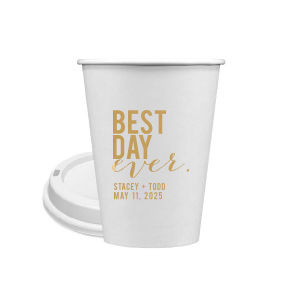 ForYourParty's personalized Gold Ink 8 oz Paper Coffee Cup with Lid with Gold Ink Cup Ink Colors can be customized to complement every last detail of your party.