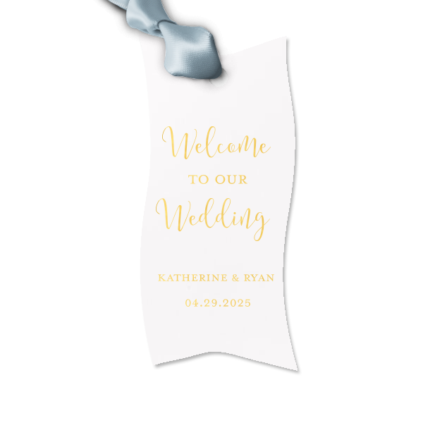 Set the tone for a heartfelt celebration with the Welcome to our Wedding Gift Tag. A warm, inviting script offers a thoughtful greeting, while the couple's names and wedding date clearly printed below add a bespoke detail to guest welcomes.