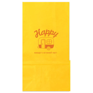 Custom Yellow Goodie Bag with Matte Tangerine Foil has a Camper graphic and is good for use in Travel and Retirement themed parties and are a must-have for your next event—whatever the celebration!