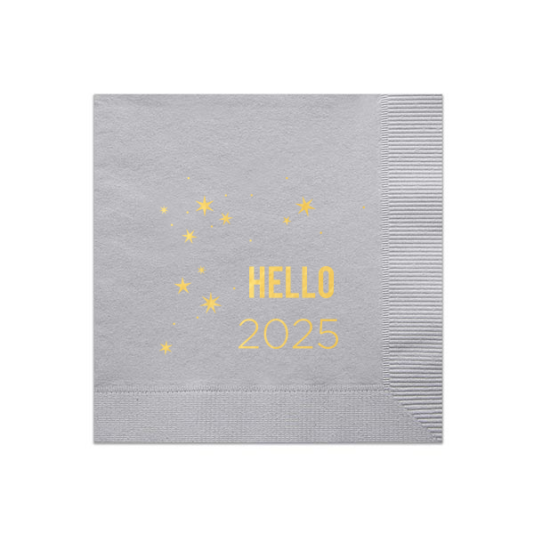 ForYourParty's personalized Dove Gray Cocktail Napkin with Shiny 18 Kt Gold Foil has a Starry Night graphic and is good for use in Holiday and New Years themed parties and are a must-have for your next event—whatever the celebration!