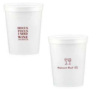 The Hocus Pocus Focus Cup is the ideal custom Halloween party accessory.  Featuring the phrase "hocus pocus I need candy to focus" and a modern and minimal graphic of wine glasses, you can personalize with your name, and the year. This chic Halloween accessory will be a hit at your autumnal events. 