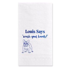Keep things tidy with the Paws & Clean Custom Napkin, customized with your dog's name and the gentle reminder to 'wash your hands,' accompanied by an adorable dog graphic. Ideal for any dog lover's bathroom decor.