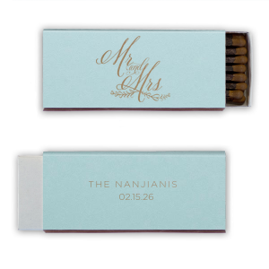 The Elegant Script Mr And Mrs Wedding Match radiates elegance.  The design showcases “Mr. and Mrs.” in swirling script, underscored by a sweet bough with heart-shaped leaves. The reverse side displays the couple’s last name, accompanied by the celebration date, crafting a royal statement for the newlyweds.