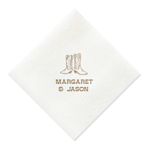 Step into matrimonial bliss with the Cowboy Boots Union Napkin, personalized with the couple's names beneath a charming graphic of a pair of cowboy boots. A perfect touch for a wedding with rustic charm or country flair.