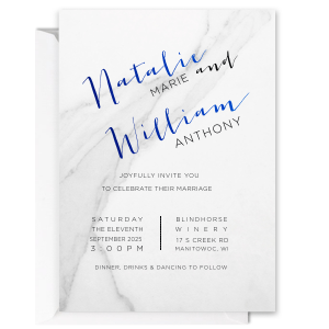 Personalized Full Color with Foil Invitation with Matte Black Digital Text Ink Colors, Full Color Digital Unique Art and Shiny Royal Blue Foil accents will impress guests like no other. These invites are printed on a Smooth Natural White 115 lb. paper stock. It's time to show off your impeccable taste and make this party unforgettable.