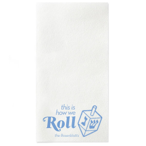 The This is How We Roll Napkin is a modern and fun custom decoration for your Hanukkah party! Personalize this dreidel adorned napkin with your family name. 