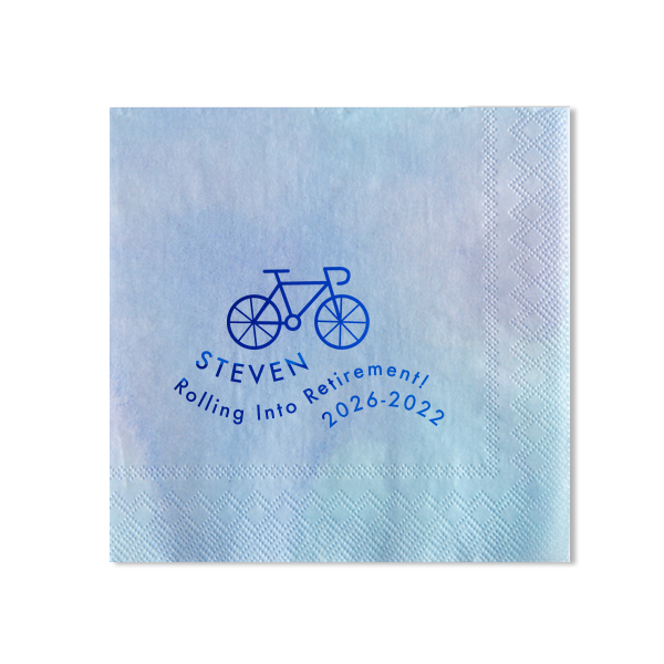 Pedal to Paradise. Celebrate the journey with the Rolling into Retirement Bicycle Napkin. Featuring a charming bicycle graphic and a playful "Rolling into Retirement" wave design, this napkin captures the excitement of new adventures ahead. Perfect for honoring the retiree's years of service and the open road that awaits.

