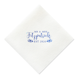 ForYourParty's personalized Royal Blue Cocktail Napkin with Matte White Foil Color has a HandWreathRSVP graphic and is good for use in Lovely Press themed parties and will make your guests swoon. Personalize your party's theme today.