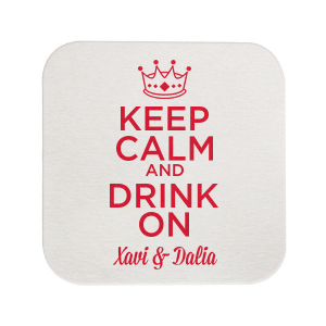Lift your spirits with the Keep Calm & Drink On Coaster. With a crown proudly perched atop this iconic phrase, it's a declaration of fun. Customize with your names to add a personal touch, making your party royally unforgettable. Cheers to celebrating in style!
