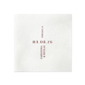 Celebrate your union with the Central Date Flair Napkin, where the wedding date takes center stage, boldly inscribed between the ascending couple's names and location details. A striking layout for an unforgettable matrimonial event.