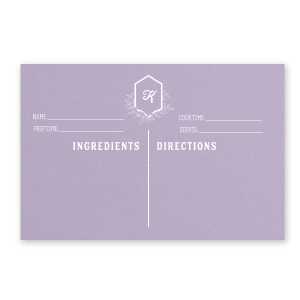 Our personalized Poptone Lavender Recipe Card with Matte White Foil has a Crest Leaf graphic and is good for use in Frames, Floral, Wedding themed parties and will add that special attention to detail that cannot be overlooked.