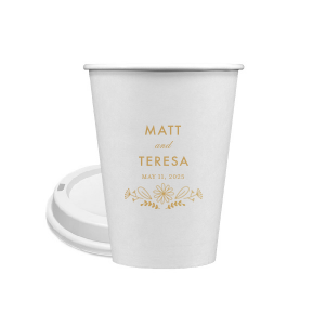 Personalized Gold Ink 8 oz Paper Coffee Cup with Lid with Gold Ink Cup Ink Colors has a Sunflower Bouquet Centerpiece graphic and is good for use in Lovely Press themed parties and will add that special attention to detail that cannot be overlooked.