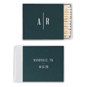 Elevate your special day with the Stately Love Initials Wedding Match, featuring a stylized, architectural design. The couple's initials are artfully separated by a vertical line, creating an elegant front display. The back details the city and state in block capitals, followed by the date, embodying structured sophistication.