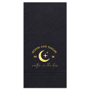 Set a celestial stage for your nuptials with the Celestial Matrimony Napkin, displaying the couple's names arched above a moon and stars, framed by the wedding date, and finished with the romantic phrase "Written in the Stars." A heavenly touch for your star-crossed celebration.