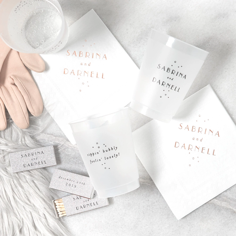 Frosted cocktail napkins and frost flex cups combine for a perfectly wintery texture at your winter wedding.