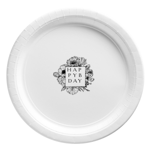 ForYourParty's personalized White Appetizer Plate with Matte Black Ink has a Romantic Flower Frame graphic and is good for use in Floral, Frames and Birthday themed parties and are a must-have for your next event—whatever the celebration!