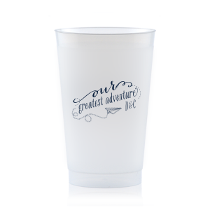 Embark on a journey of celebration with the Our Greatest Adventure Couples Cup. This imaginative design features a paper airplane soaring from "our" into a swirling adventure around "greatest adventure," accented by the couple's initials. Perfect for adding a splash of excitement and movement to your party!