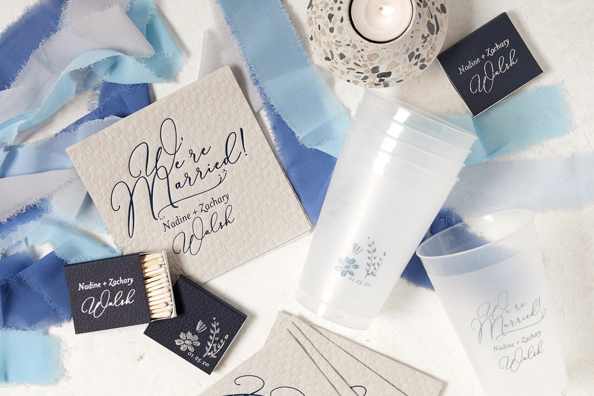 custom winter wedding matches, plastic cups and cocktail napkins for your blue hued wedding