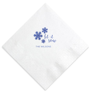 For Your Party's personalized Navy Cocktail Napkin with Satin Sterling Silver Imprint Foil Color has a Snowing graphic and is good for use in Christmas or Holiday themed parties and can be personalized to match your party's exact theme and tempo.