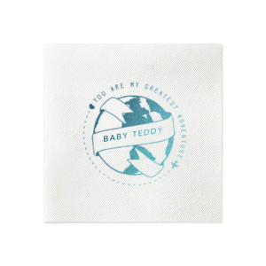 Embark on heartwarming journeys with the Greatest Adventure Napkin. Whether celebrating a newborn, spouse, or dear beloved, a globe wrapped in a personalized sash twirls tales of endless love. With airplanes and hearts soaring, every gathering maps out an adventure of the heart!